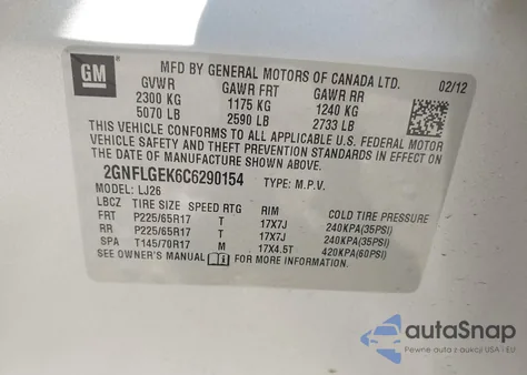 2012 Chevrolet Equinox Ltz z USA, uszkodzony, nr VIN 2GNFLGEK6C6290154